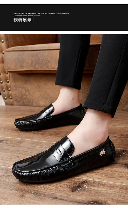 Patent Leather Beanie Shoes Men's New Spring and Summer Large Size Patent Leather Casual British Leather Shoes Women's Slip-On Lazy Casual Shoes Handmade Shoes