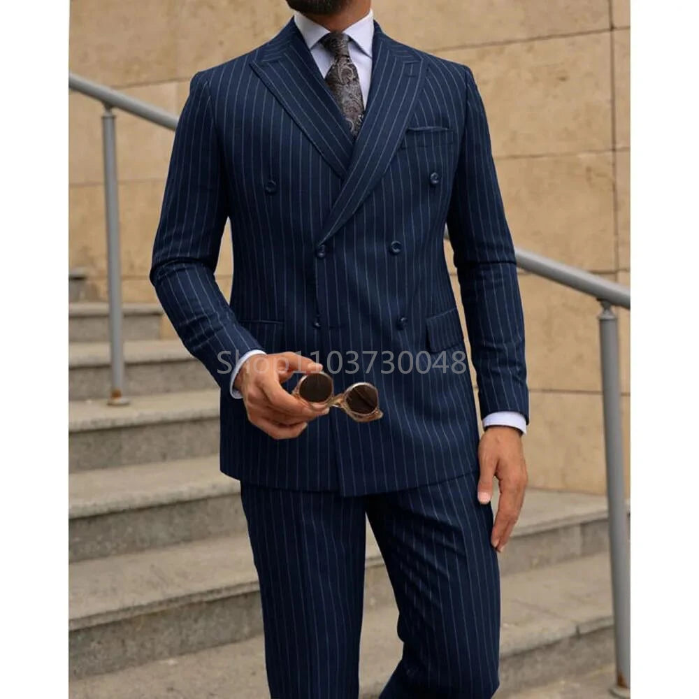 2 Piece Brown Striped Men Suits Slim Fit Peak Lapel Double Breasted Blazer Wedding Groom Tuxedos Business Suits(Jacket+Pants)