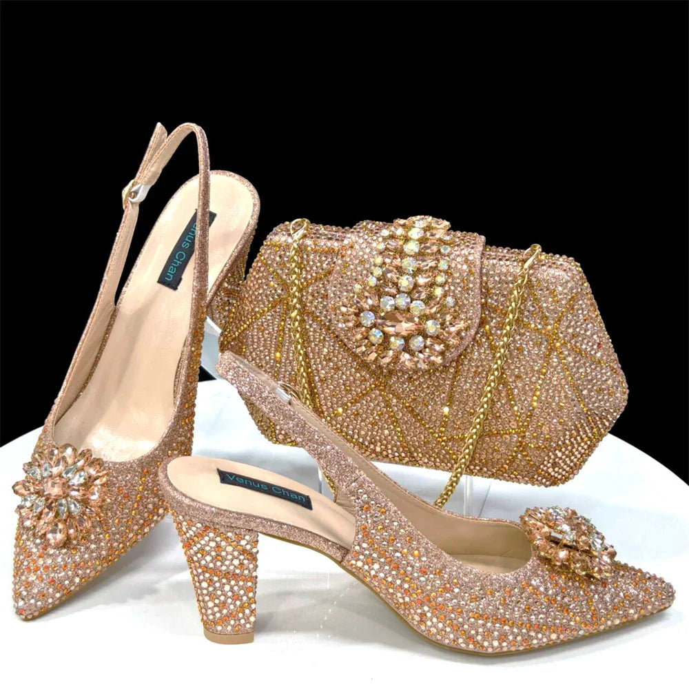 INS Style Green Party Shoe and Bag Set in Women Pointed-Toe Rhinestone High Heels Elegant African Ladies Shoes