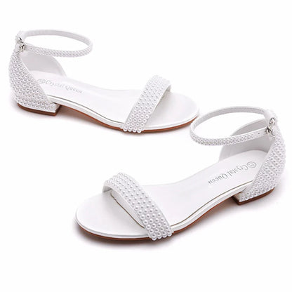 Summer new 2-cm square-heeled silk ribbon pearl rhinestone low-heeled wedding shoes beaded lace-up flat large-size women sandals