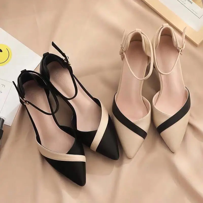 Sapatos femininos clássicos de salto quadrado bege bico fino para festa, senhoras, primavera, verão, fivela preta, couro PU, sapatilhas profissionais