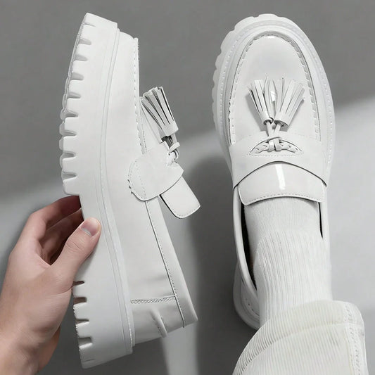 Fashion Tassel Thick Sole Leather Men's Shoes Loafers Slip-On Business Dress Shoes For Gentleman Glossy Formal Party White Shoes
