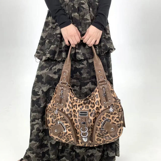 Y2K vintage hot girl personality leopard print shoulder bag with multiple compartments, Maillard crossbody handbag