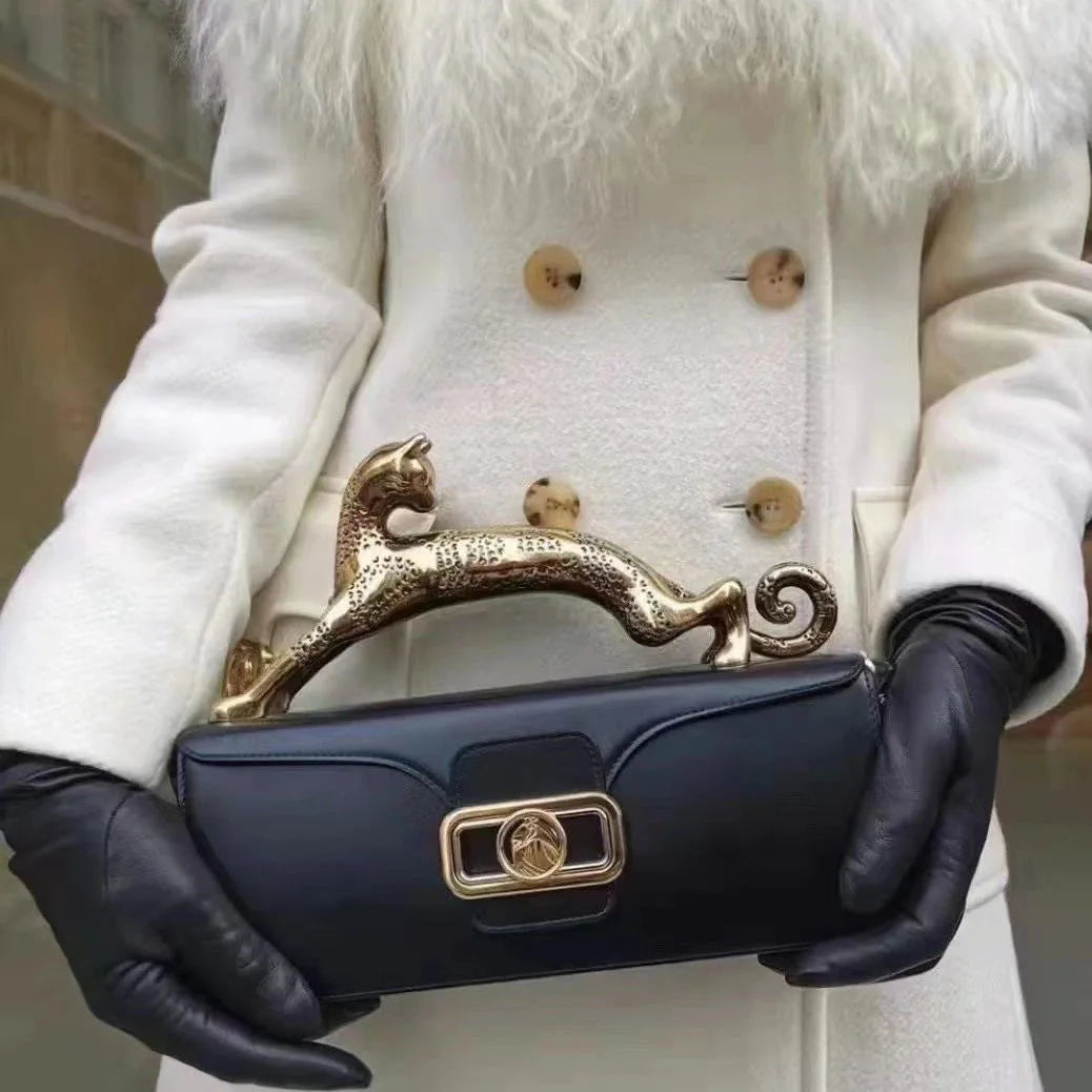 Square cowhide fashion personality versatile party shoulder bag with the same leopard handle bag high-end feeling women's bag.