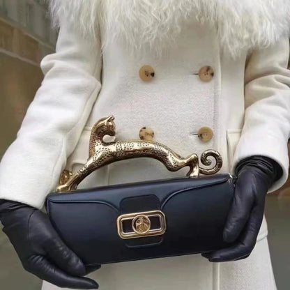 Square cowhide fashion personality versatile party shoulder bag with the same leopard handle bag high-end feeling women's bag.