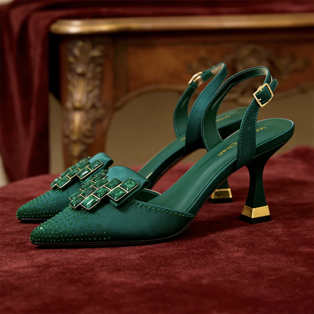Elegant Green Rhinestone Slingback Heels - Italian Designed Pointed Toe Bridal Evening Party Shoes