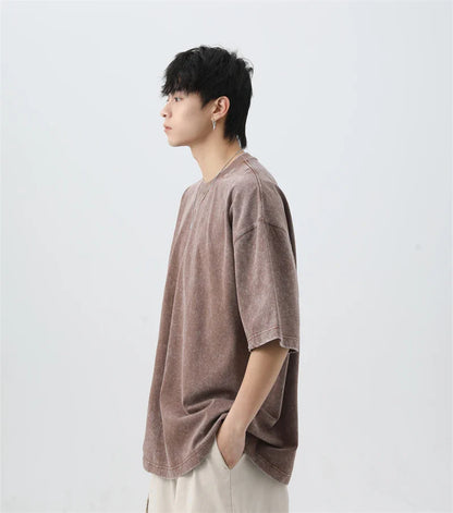 Japanese Korean Style Stir Fried Snowflake Washed T-Shirts Men Women Cotton Heavyweight Summer Hip Hop Streetwears Short Sleeved