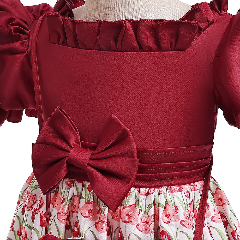 Summer Girls Dress With Bag Elegant Kid Floral Print Princess Party Dresses For Girl Children Costume Birthday Wedding Prom Gown