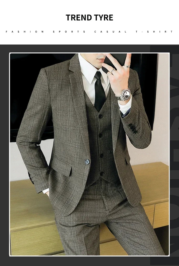 Hemp (blazer+Vest+Pants) Fashion Business Leisure Hosts Slim-fit Cotton Hemp Gentleman Wedding Work Wedding Suits for Men M-5XL