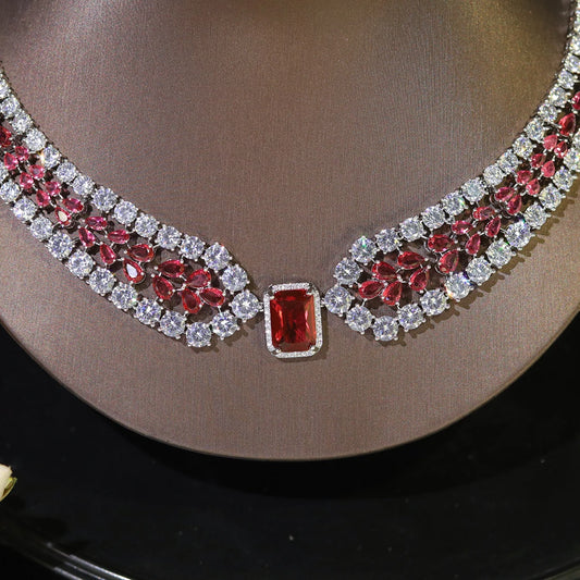 Fashion Wedding Jewelry Sets Shiny Red and white inlaid CZ Crystal Necklace and Earrings 2PCS Bridal Dress Party Accessories