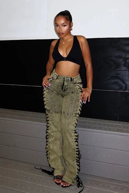 Spliced Draw String Denim Ankle Length Pants