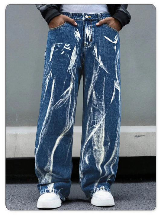Four Season Men's Baggy Straight Wide-Leg Jeans Personalized Design Tie Dye Denim Pants Baggy Unisex Daily Casual Men's Clothes