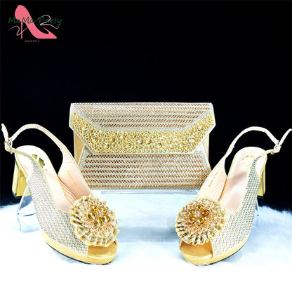 Italian Women Shoes Matching Bag Set in Green Color 7 CM Comfortable Heels with Plaform Elegant Peep Toe Sandals