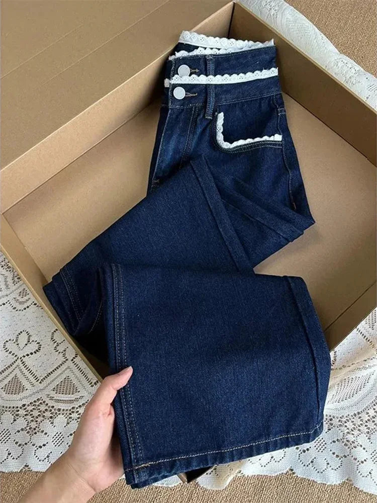 Casual Straight Jeans Streetwear Vintage Blue Lace Spliced Jeans