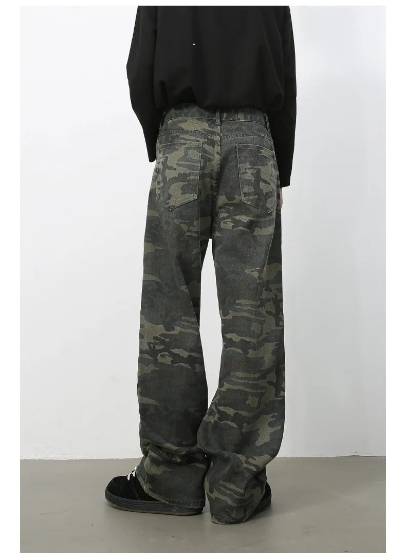 Tide Camouflage Jeans Men's Ins Loose Straight Wide Leg Casual Denim Pants Loose Male Trousers 12C2036