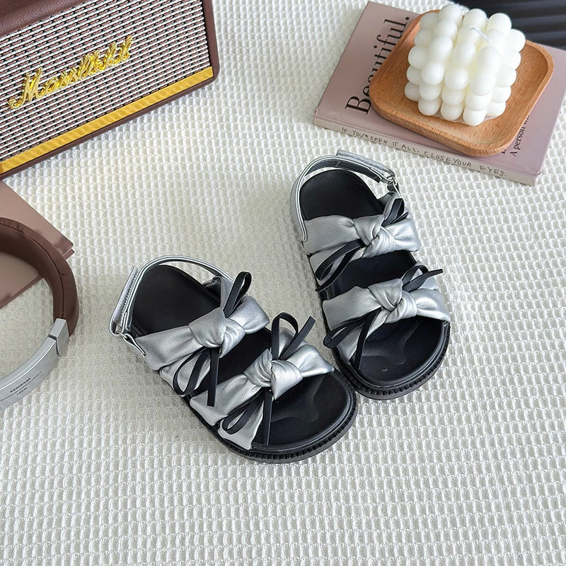 2026 Summer Girls Princess Sandals with Double Bow-knots Soft Fashion Classic Kids Summer Beach Shoes Open Toes Sweet Anti-skid