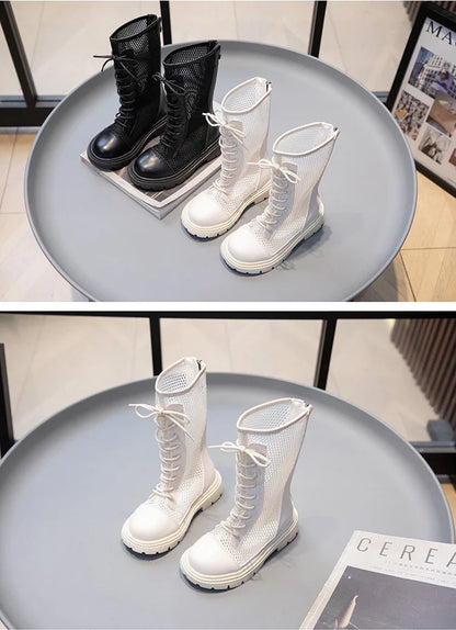 Children Summer Shoes Girls Fashion Sandals High-top Mesh Boots Net Breathable Shoelace Decoration with Zipper Cut-out Ins Style