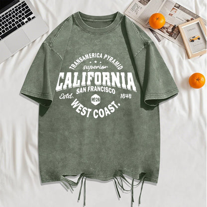 California Sanfrancisco Weat Coast Washed Holes T-Shirt Mens Cotton Soft T Shirts Crewneck Loose Clothes Multicolor Short Sleeve