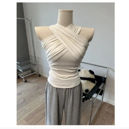 Solid Cross  Tank Top Women Sleeveless Chic 2000s Clothes Y2k Summer Tops New 2026 Korean Fashion Gothic Tanks Tshirt
