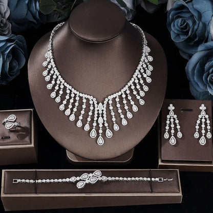 Luxury  4 Pieces Bridal Wedding Jewelry for Women Cubic Zirconia Water Drop Earrings Tassel Necklace Jewelry Sets Party Gift