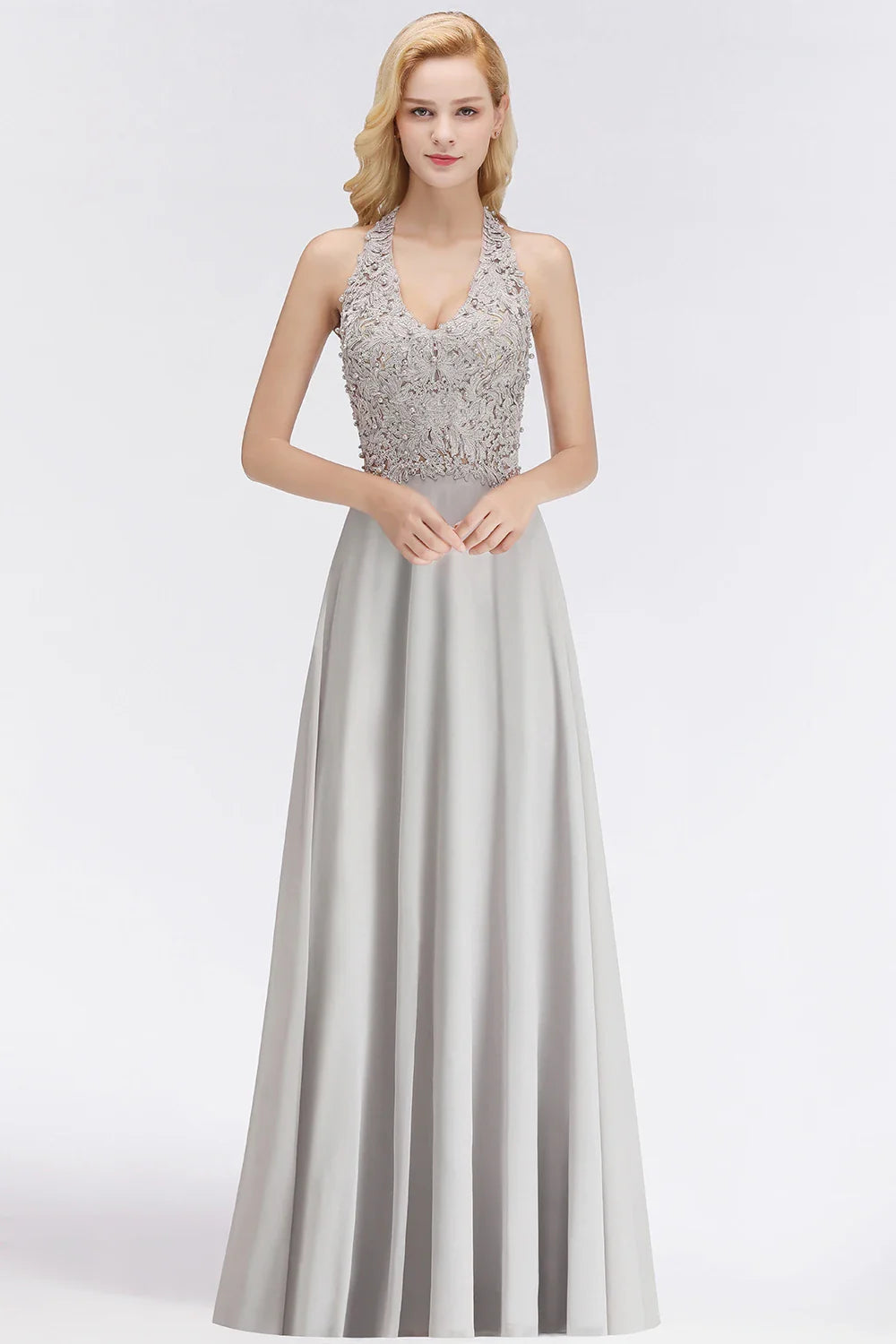 Vestido de Madrinha com Gola Halter Renda Pérolas Corpete Saia Longa até o Chão Chiffon Sexy Costas Abertas Roupa de Casamento