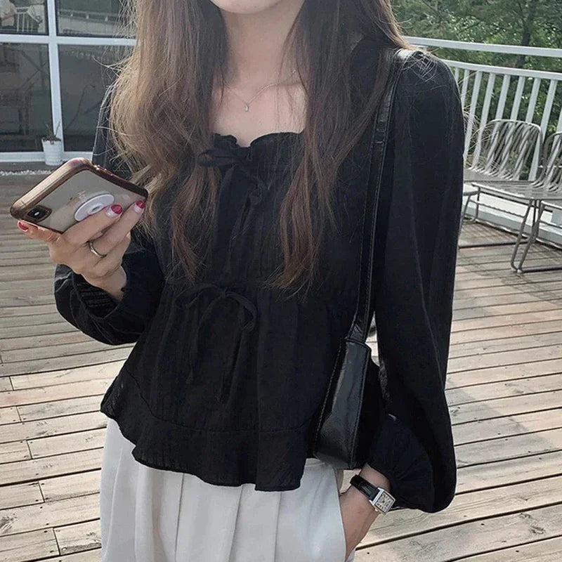 New Long Sleeve Spring Linen Cotton Blouse Lace Up Women White Shirt Casual Girls Korean Women Blouses Femme Tops Soft 11700