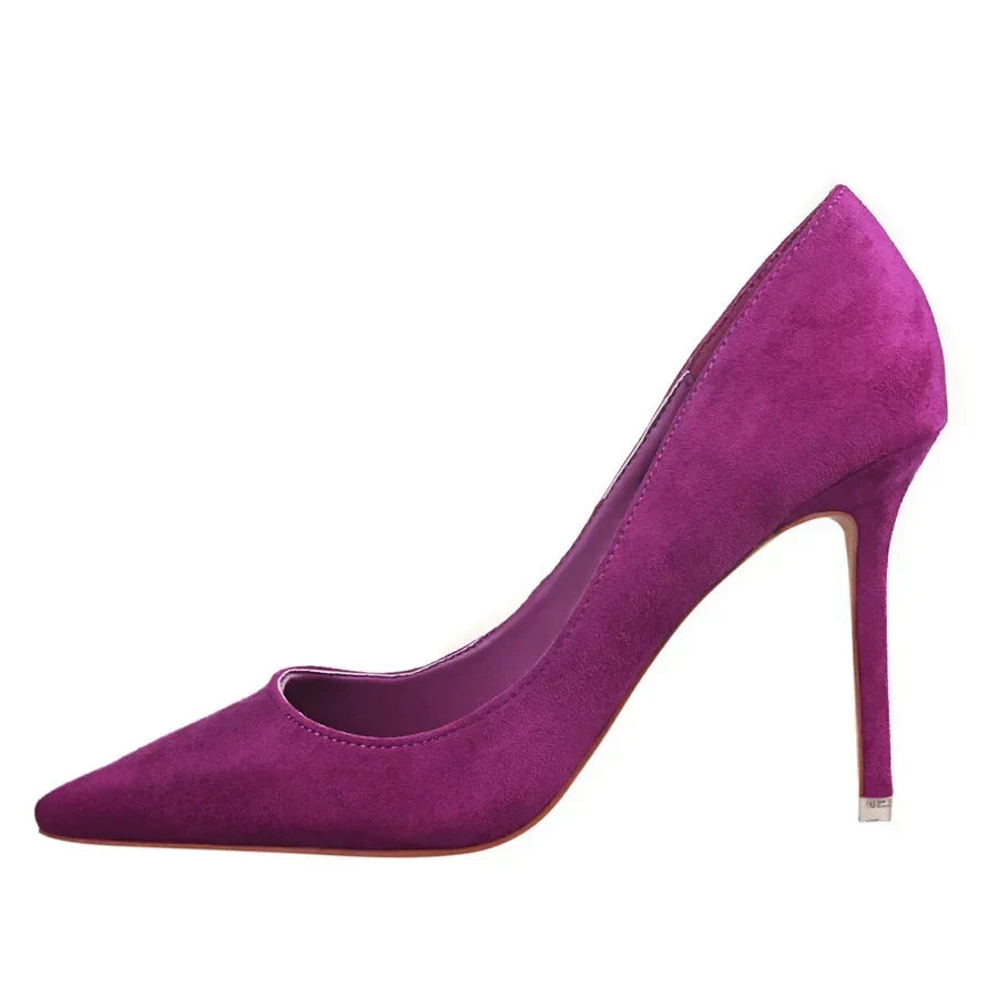 Women Elegant Flock Orange Purple Evening Banquet Party Pumps Lady Classic Scarpin New Burgundy 9cm High Heels Shoes Plus Size