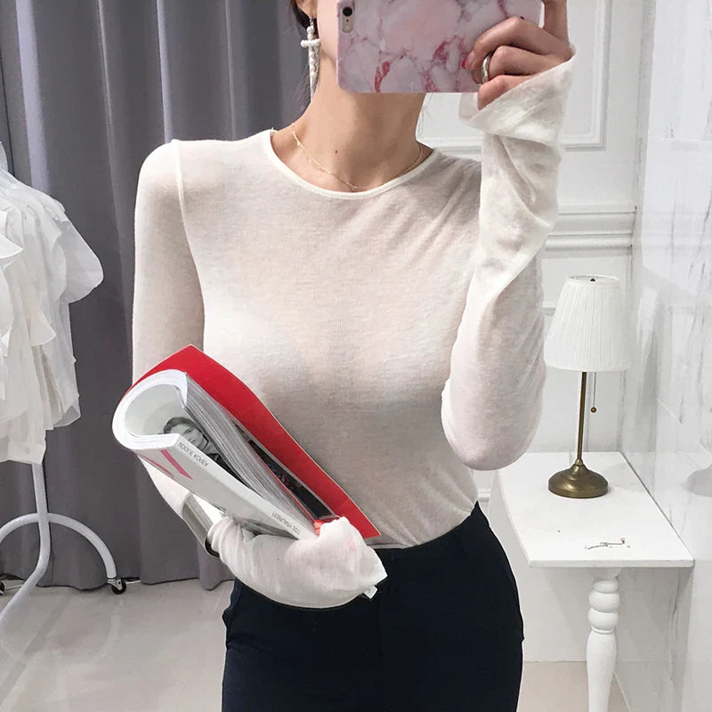 Shirt Women T-Shirt Long Sleeve Korean Style Slim Basic Elasticity Tshirt Top Womens Clothing T Shirt Femme