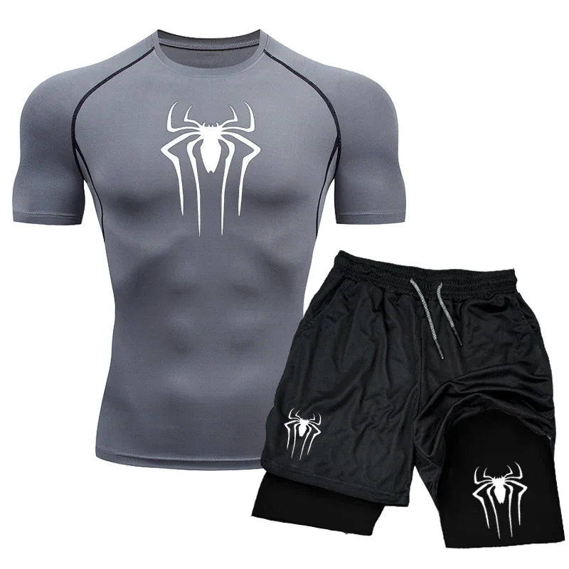 New Compression Set Spider Print Sportwear for Men Quick Dry GYM Shorts+Shirt 2PCS Quick Dry Short Sleeve Trainning Sport Suit
