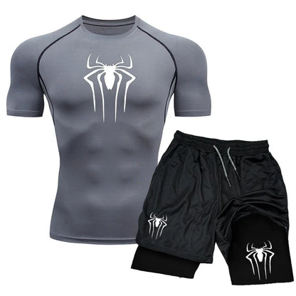 New Compression Set Spider Print Sportwear for Men Quick Dry GYM Shorts+Shirt 2PCS Quick Dry Short Sleeve Trainning Sport Suit
