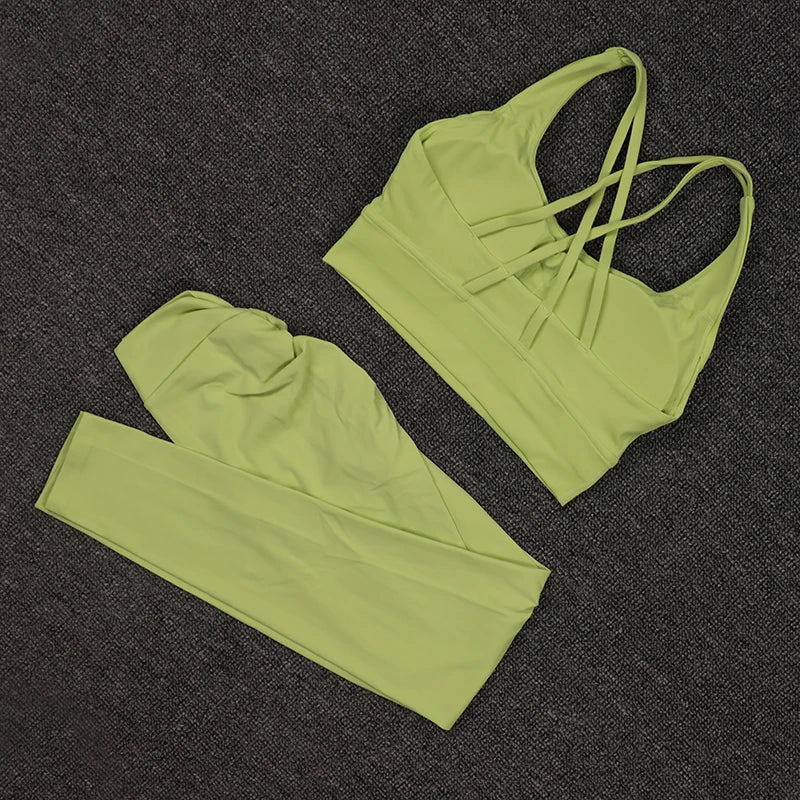 TRY TO BN Women's Tracksuit Sports Bra Fitness Yoga Set V Back Leggings High Waist Sportswear Workout Sets Cycling Gym Clothing