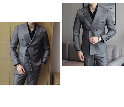 S-5XL ( Blazer + Pants ) Men's High-end Brand Formal Double Breasted Suit Gray 2 Piece Set Wedding Dress Plaid Suit Groom Party