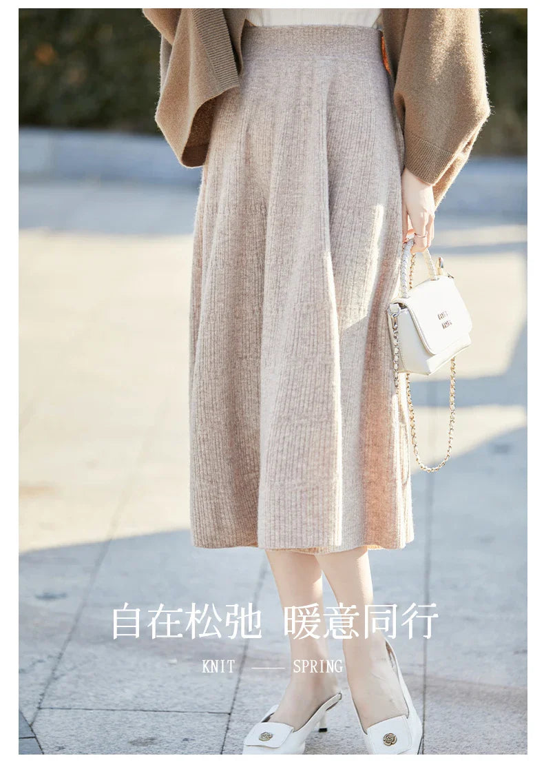 Autumn And Winter High Waist 100% Pure Wool Skirt Female Slim Long Knitted Wool Skirt Loose Wearing A-Line Skirt