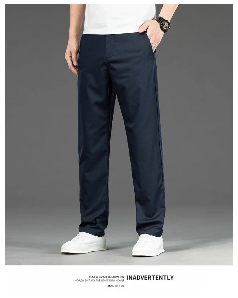 Spring Summer New Men's Casual Pants Thin Mulberry Silk Soft Business Casual Trousers Slim Straight Elastic Suit Pants Male