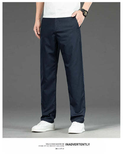 Spring Summer New Men's Casual Pants Thin Mulberry Silk Soft Business Casual Trousers Slim Straight Elastic Suit Pants Male