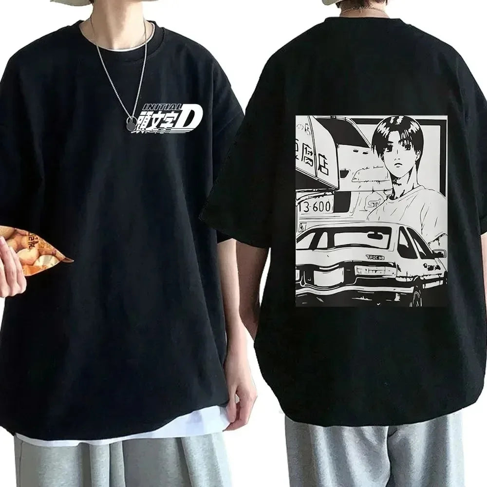 Anime Drift AE86 Initial D Double Sided T Shirt O-Neck Short Sleeves Summer Casual Unisex R34 Skyline GTR JDM Manga T-Shirts