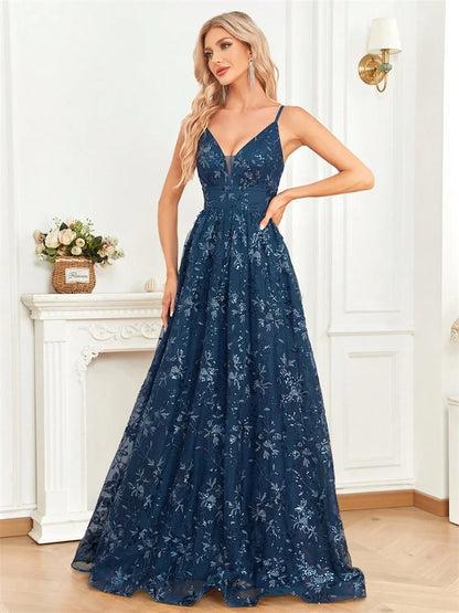 Elegant Sequins Sexy Backless Evening Dress For Women Deep V-neck Prom Party  Dress Floor Length Blue Formal Gowns