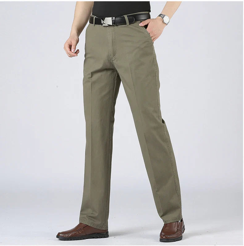 Cotton Pants Men's Straight Leisure Business Trousers Solid Autumn Winter Chinos Belted Pants Dad Elderly Formal Trousers