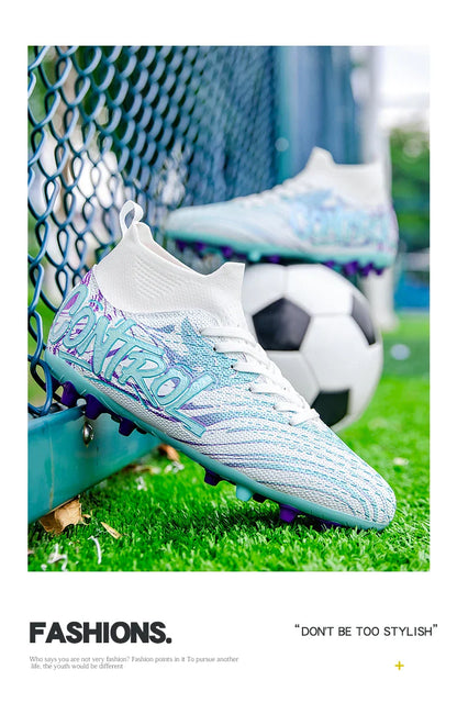Unisex High-Top Football Shoes AG Long Nails Anti-Slip Leather Black for Teenagers And Adults