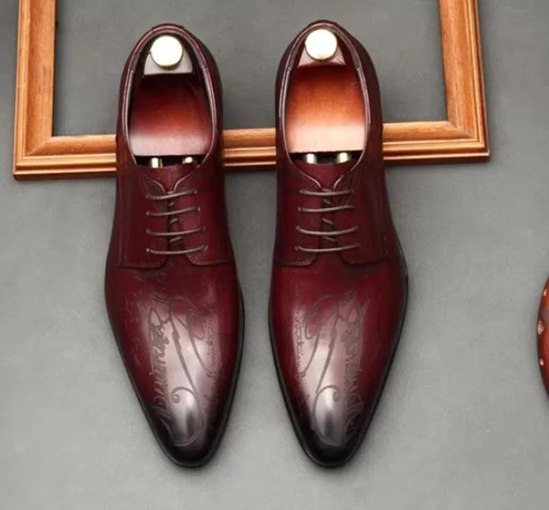 Stylish Letter-printed Men's Business Leather Shoes Korea Style Wedding Derby Shoes Lace-up Pointed Toe Dress Shoes Man Wine-red