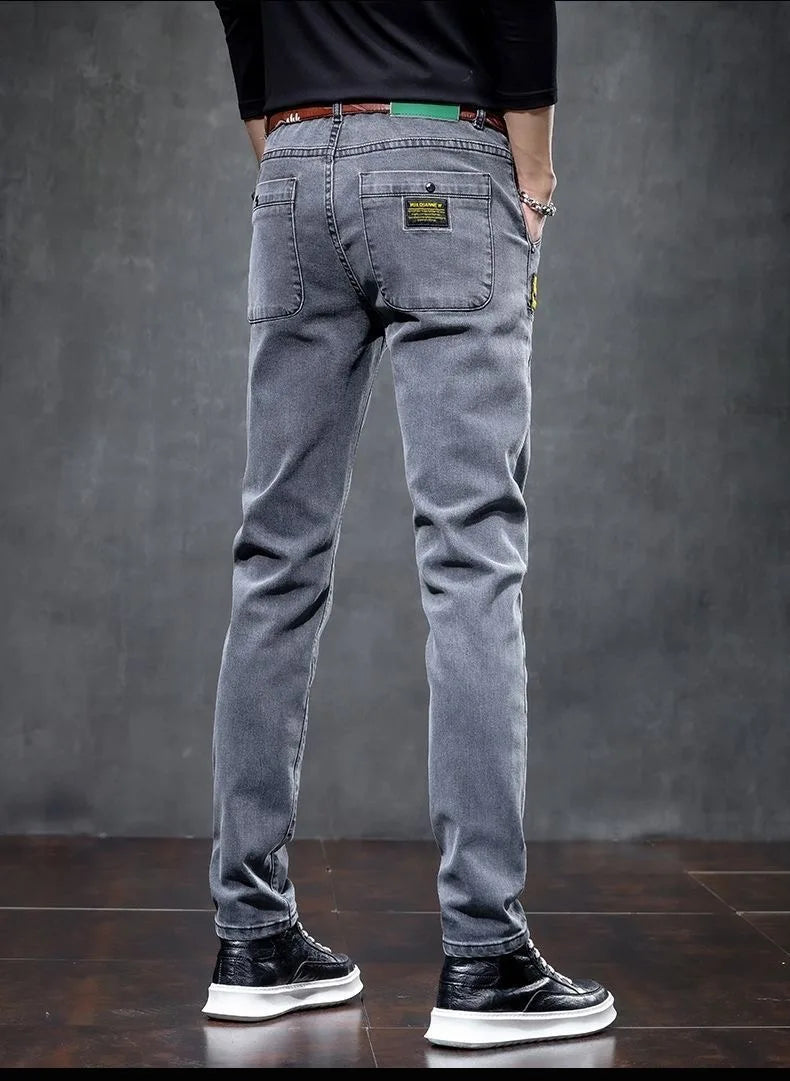 Winter New Fashionable Solid Color With Thick Fleece and Warm Straight Leg Elastic Jeans For Men's Casual Sports High-end Jeans