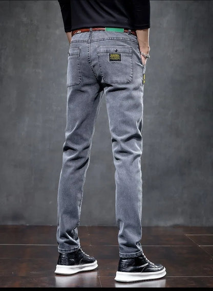 Winter New Fashionable Solid Color With Thick Fleece and Warm Straight Leg Elastic Jeans For Men's Casual Sports High-end Jeans