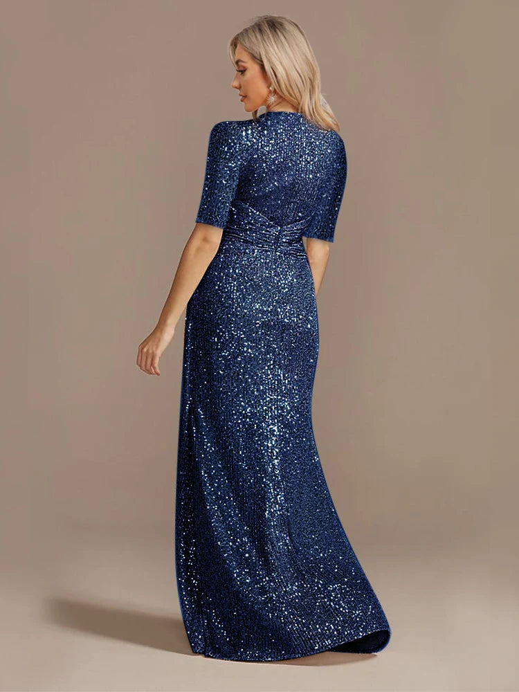 Luxury Blue Floor Length V-Neck Evening Dresses Women Elegant Wedding Party Maxi Sequins Short Sleeves Prom Cocktail Gowns