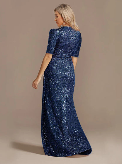 Luxury Blue Floor Length V-Neck Evening Dresses Women Elegant Wedding Party Maxi Sequins Short Sleeves Prom Cocktail Gowns