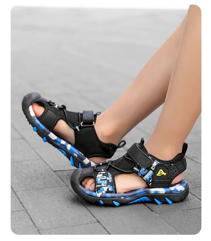 Summer Sport Sandals for Children's 5-16 Years Boys Breathable Anti-Slip Beach Shoes Outdoor Anti-Bump Closed Toe Sandails