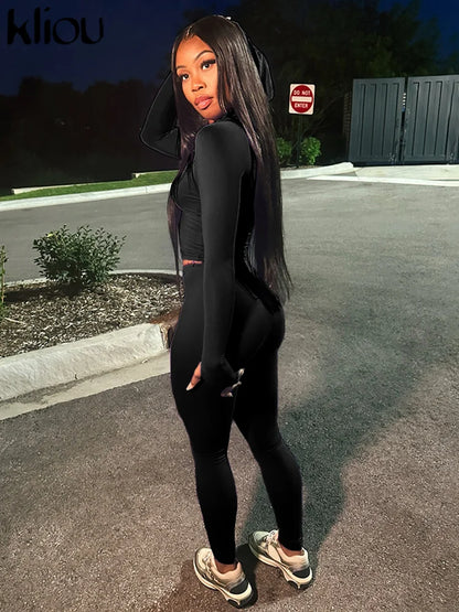 Casual Women 2 Piece Set Classic Tracksuits Solid Long Sleeve Zip-up Hood Tops+Slim Elastic Pants Sporty Concise Outfits