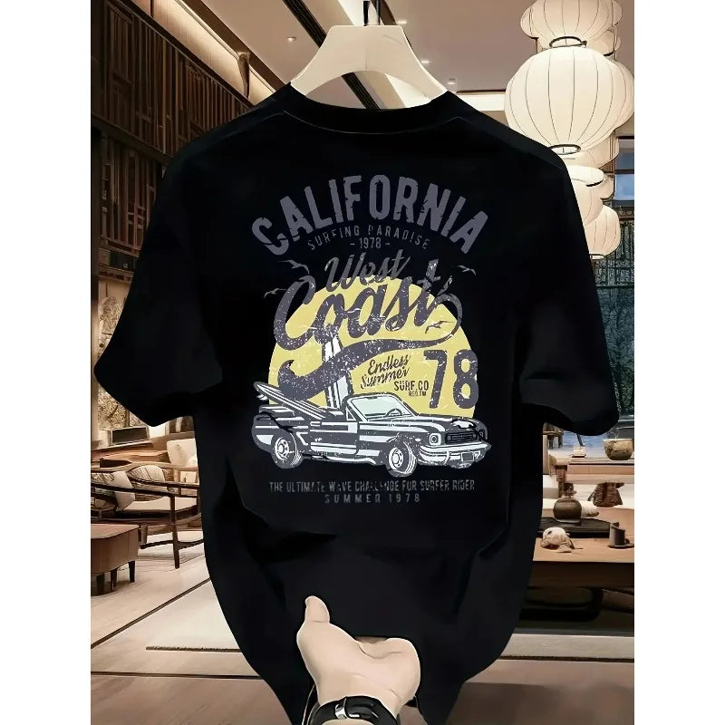 Vintage California West Coast Surfing Graphic Tee with Retro Car and Sun Print 100% Cotton Men's T-shirt Summer Casual Beachwear