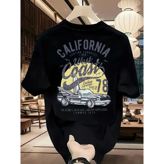 Vintage California West Coast Surfing Graphic Tee with Retro Car and Sun Print 100% Cotton Men's T-shirt Summer Casual Beachwear