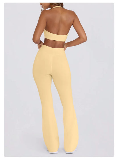 Women's Yoga Suits Camisole Backless Nude Beautiful Back Neck Hanging Bra Flared Pants Fitness Set