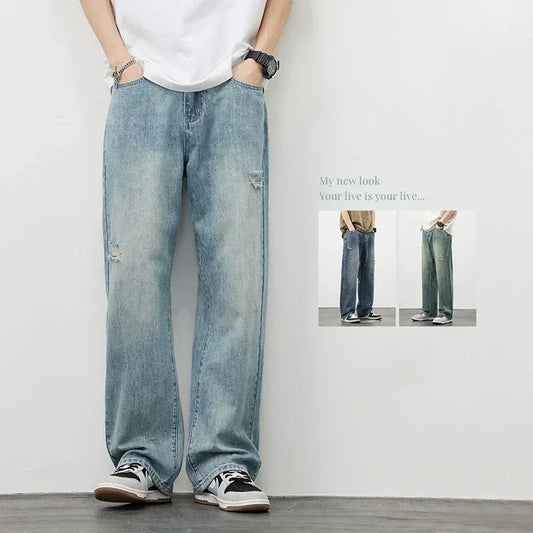 Korea Baggy Cargo Jeans Men Vintage Straight Ripped Y2k Pants Fashion Frayed High Street Distressed Denim Trousers Male Clothes